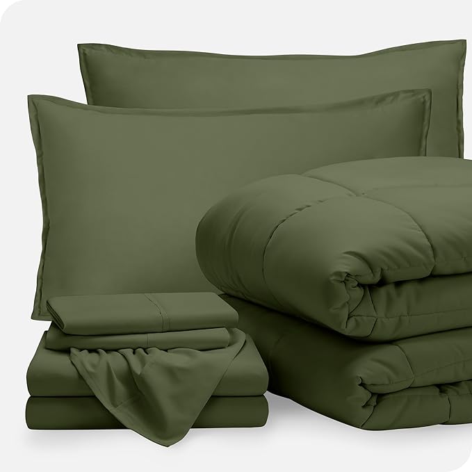 Bare Home Bed-in-A-Bag 7 Piece Comforter & Sheet Set - Queen - Goose Down Alternative - Ultra-Soft 1800 Premium - Bedding Set (Queen, Cypress/Cypress)