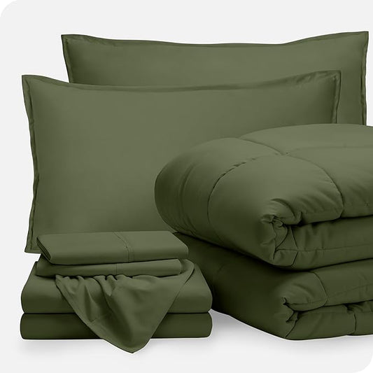 Bare Home Bed-in-A-Bag 7 Piece Comforter & Sheet Set - Queen - Goose Down Alternative - Ultra-Soft 1800 Premium - Bedding Set (Queen, Cypress/Cypress)