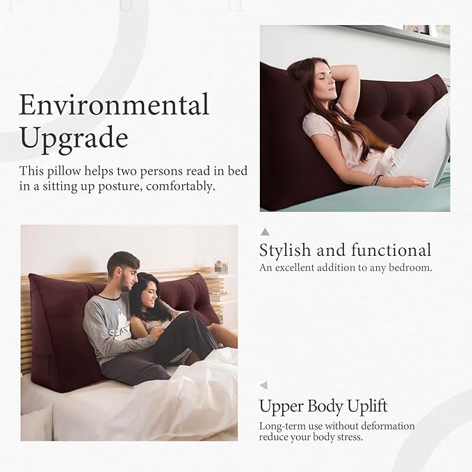 11 lbs Thickened Queen Headboard Pillow for Sitting Up in Bed, Back Support Reading Pillow with Side Pocket and Velvet Removable Cover, Triangular Large Wedge Headboard Pillow