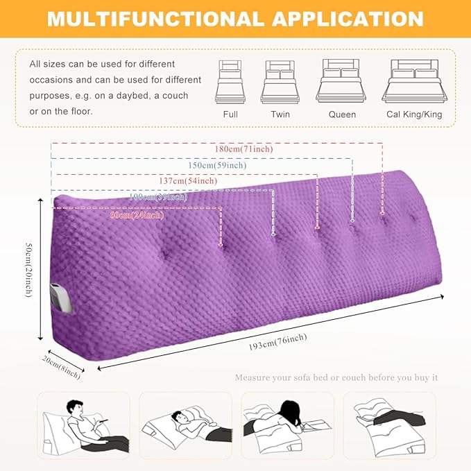 Large Triangular Headboard Wedge Pillow Soft and Supportive Headboard Backrest Positioning Support Bolster Cushion, Bed Wedge Pillow with Removable Cover(Purple,Cal King,71x8x20inch)
