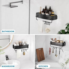 Onemake Suction Cup Shower Caddy, Suction Shower Shelf with Portable Hooks, Bath Organizer with Towel Bar for Bathroom Storage(Matte Black)