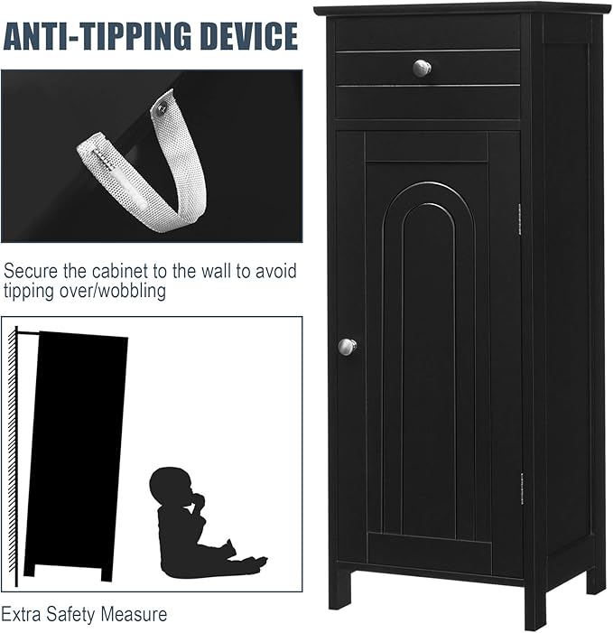 Tangkula Bathroom Floor Cabinet, Wooden Side Storage Organizer, Free-Standing Single Door Floor Storage Cabinet with Large Drawer & 2 Adjustable Shelves for Living Room Kitchen (Black)