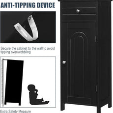 Tangkula Bathroom Floor Cabinet, Wooden Side Storage Organizer, Free-Standing Single Door Floor Storage Cabinet with Large Drawer & 2 Adjustable Shelves for Living Room Kitchen (Black)