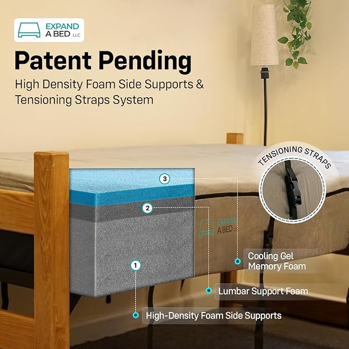 3 Inch Twin XL Mattress Topper by Expand a Bed - Lumbar Support for Back Comfort & Better Sleep - Expands 8 Inches in Width, Breathable, Medium-Firm Cooling Gel Memory Foam Topper with Washable Cover