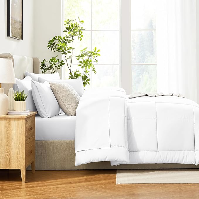 CozyLux Queen Comforter Set White, 7 Pieces Bed in a Bag, White Comforter Queen Size, All Season Bedding Sets with Stitch Quilted Comforter, Flat Sheet, Fitted Sheet, Pillowcases