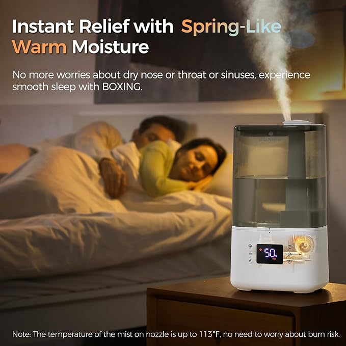 BOXING 6L Warm & Cool Mist Humidifiers for Bedroom, Air Humidfier for Large Room with Remote Control, Auto Mode Perfect for Baby & Plants, Top Fill, Sleep Mode, Timer, Essential Oil Tray, 60H