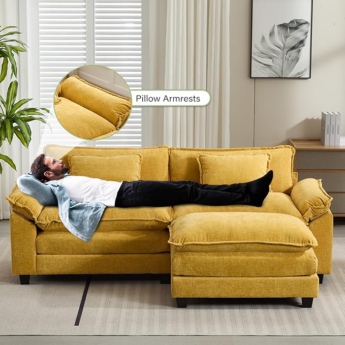 86" Modular Sectional Sofa, Comfy Cloud Couch Sectional Sofa with Ottoman, Chenille Sofa Sleeper Deep Seat Sofa with Throw Pillows for Living Room (Yellow, 86"- L Shape)