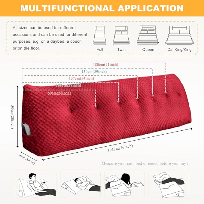 Large Triangular Headboard Wedge Pillow Soft and Supportive Headboard Backrest Positioning Support Bolster Cushion, Bed Wedge Pillow with Removable Cover(Wine Red,Queen,59x8x20inch)