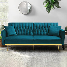 70” Velvet Futon Sofa Bed w/Adjustable Armrests and Backrest, Convertible Futon Couch w/2 Pillows, Modern Sleeper Bed for Living Room, Bedroom, Teal
