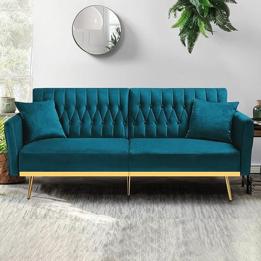 70” Velvet Futon Sofa Bed w/Adjustable Armrests and Backrest, Convertible Futon Couch w/2 Pillows, Modern Sleeper Bed for Living Room, Bedroom, Teal
