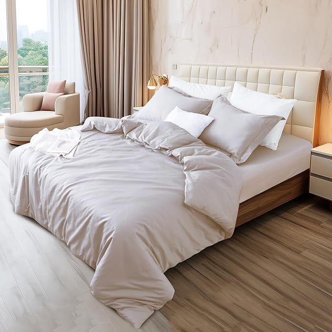 Twin/Twin-XL Duvet Cover Set 100% Egyptian Cotton, Included 1 Duvet Cover (No Insert) with 1 Pillowsham, 400 Thread Count Super Soft Comforter Cover with Corner Ties(68x90 Inches, Light Beige)