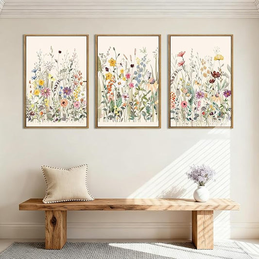 BINCUE Wildflower Wall Art Large Floral Wall Painting Neutral Print Pictures Decor for Living Room Bedroom Bathroom 3 Panel 36x24 Inches