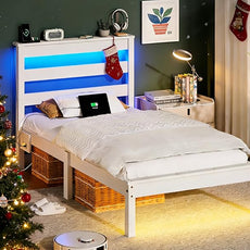 VINGLI Solid Wood Twin Bed Frame with LED Lights & USB Charging, Platform Bed with Storage Headboard Shelf, No Box Spring Needed, Noise-Free, Easy Assembly,White