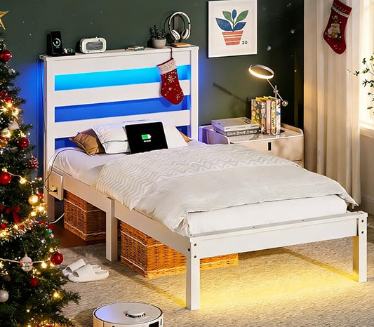 VINGLI Solid Wood Twin Bed Frame with LED Lights & USB Charging, Platform Bed with Storage Headboard Shelf, No Box Spring Needed, Noise-Free, Easy Assembly,White