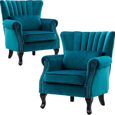 Velvet Accent Chairs Set of 2 with Arm Comfy Living Room Chair Mid-Century Modern Wingback Side Chair Single Sofa Couch for Bedroom Guest Room, Teal Blue