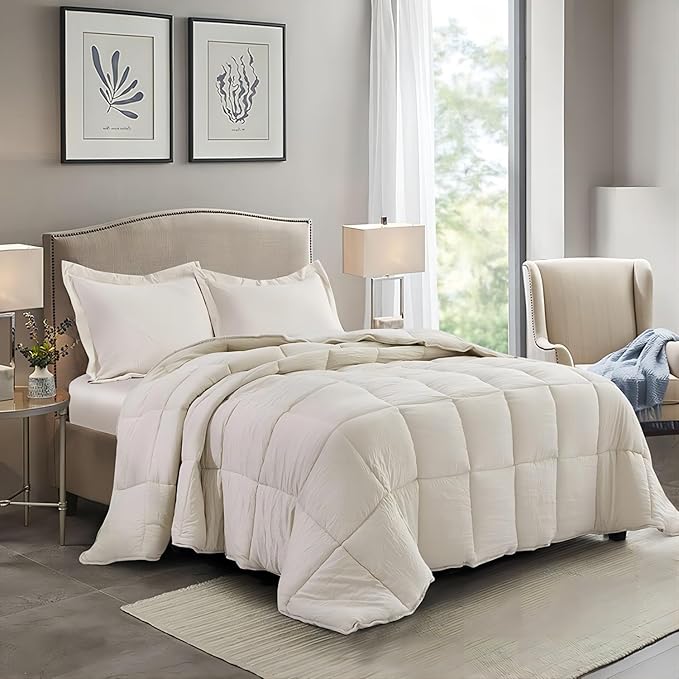 HIG Pre Washed Down Alternative Comforter Set King - Reversible Chic Quilt Design - Box Stitched with 4 Corner Tabs - Lightweight for All Season - Camel Duvet Comforter with 2 Pillow Shams