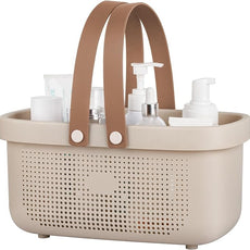 JiatuA Plastic Storage Basket with Handle Portable Shower Caddy Tote Organizer Basket Bin for Bathroom Kitchen Dorm Room Bedroom, Beige