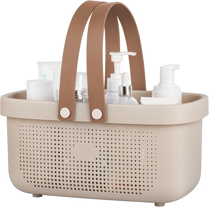 JiatuA Plastic Storage Basket with Handle Portable Shower Caddy Tote Organizer Basket Bin for Bathroom Kitchen Dorm Room Bedroom, Beige