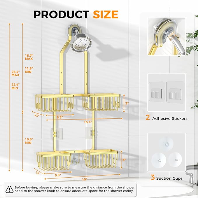 REINHARDT Aluminum Shower Caddy Hanging Adjustable Shower Caddy, Rustproof Hanging Shower Organizer with Hooks Soap Holders, Over Shower Head Caddy for Handheld Showerhead, Gold