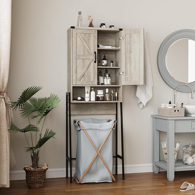 Vabches Over The Toilet Storage Cabinet with 2-Door Design Bathroom Organizers and Storage with Anti-Tip Device Over Toilet Organizer with Shelves for Bathroom,Restroom,Laundry Grey