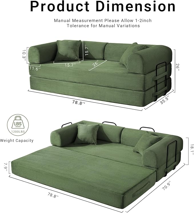 Compressed Sofa, Convertible Sofa Bed, Corduroy Compression Boneless Couch with Pillow, Comfy Modular Foldable Floor Sleeper Sofa for Bedroom, Living Room, Lounge, Studio (Olive Green)