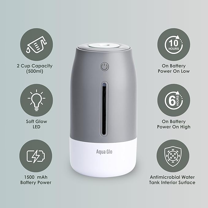 Aqua Glo Personal, Portable Humidifiers for Bedroom – Ultrasonic Cool Mist Humidifier with Built In Rechargeable Battery. Air Humidifier for Baby, Plants, Home, Office, Travel. Gray
