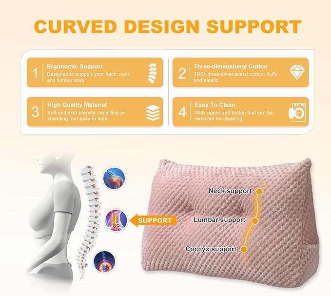 Large Triangular Headboard Wedge Pillow Soft and Supportive Headboard Backrest Positioning Support Bolster Cushion, Bed Wedge Pillow with Removable Cover(Pink,Full,54x8x20inch)