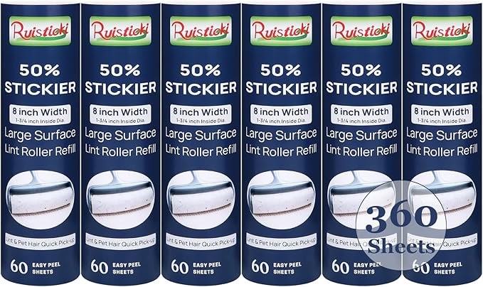 8 inch Extra Sticky Lint Roller Refill for Scotch-Brite 50% Stickier Large Surface Roller Replacement for Scotch Brite Large Pet Hair Roller Refill 60 Sheets, Pack of 6, 360 Sheets Total