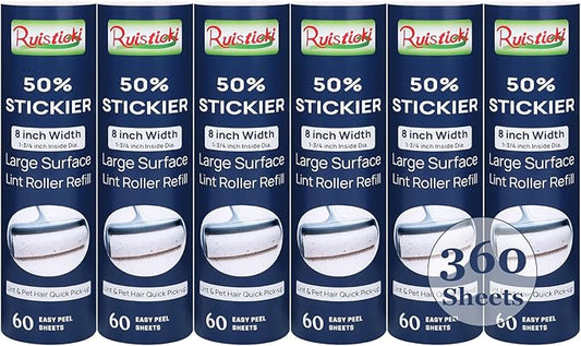 8 inch Extra Sticky Lint Roller Refill for Scotch-Brite 50% Stickier Large Surface Roller Replacement for Scotch Brite Large Pet Hair Roller Refill 60 Sheets, Pack of 6, 360 Sheets Total