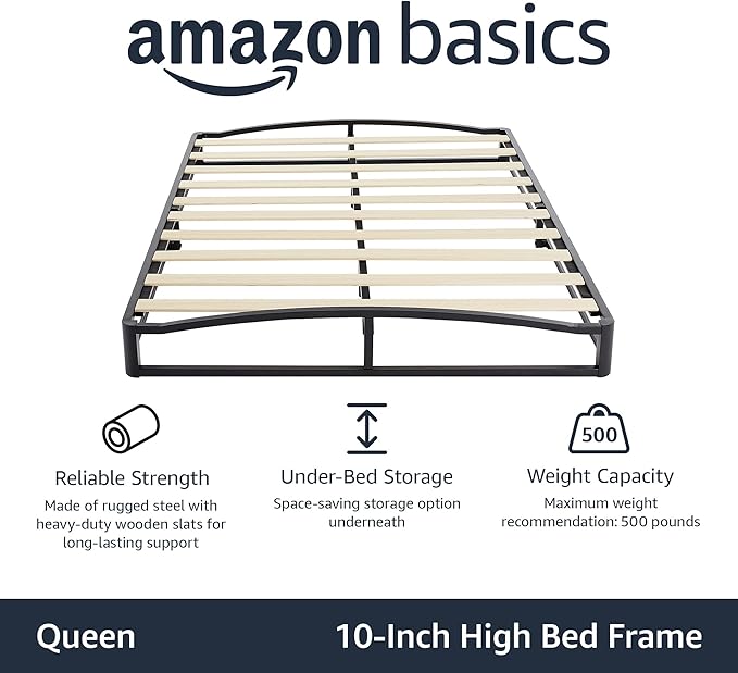 Amazon Basics Metal Platform Bed Frame with Wood Slat Support, 10 Inches High, Queen, Black