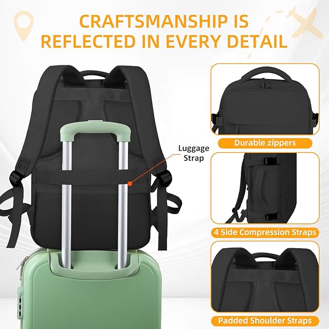 Travel Backpack For Women Men Airline Approved Carry On Backpack, Waterproof Outdoor Sports Rucksack Weekender Overnight College Business Backpack Fits 15.6 Inch Laptop - Black