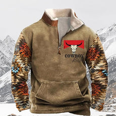 Western Sweatshirts for Men Aztec Cowboy Vintage Graphic Fleece Hoodie Mens Quarter Zip Pullover Country Jacket