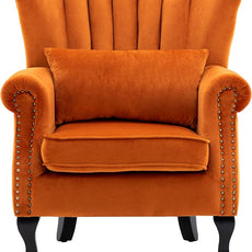 Mid Century Accent Chair Modern Tufted Wingback Armchairs Club Chair Velvet Single Sofa Lounge Chair with Pillow for Living Room, Orange