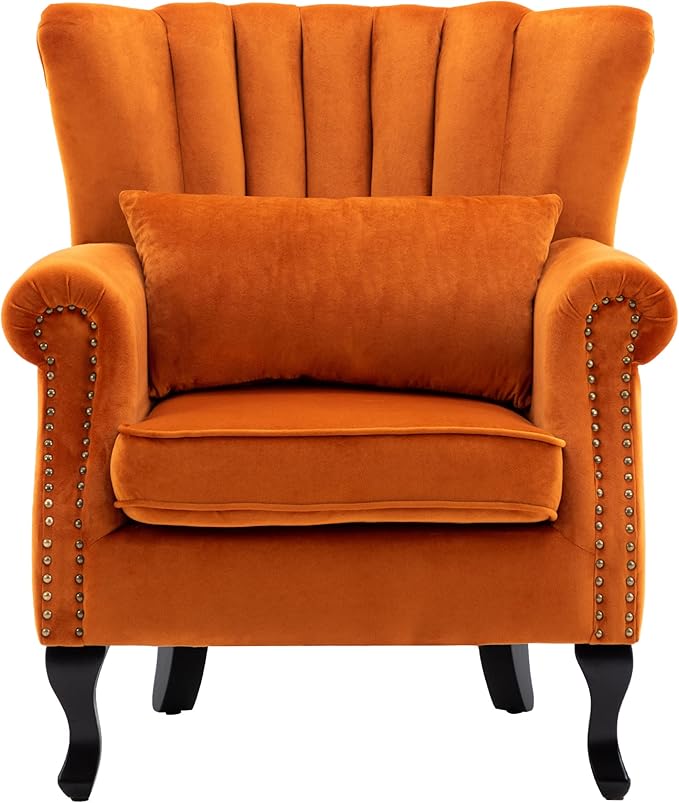 Mid Century Accent Chair Modern Tufted Wingback Armchairs Club Chair Velvet Single Sofa Lounge Chair with Pillow for Living Room, Orange