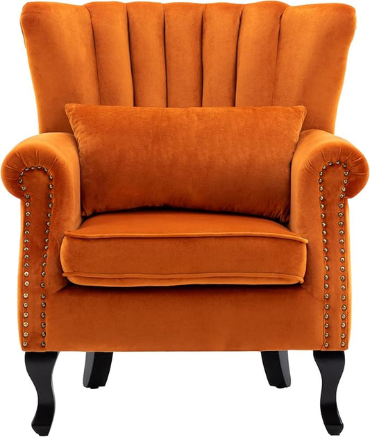 Mid Century Accent Chair Modern Tufted Wingback Armchairs Club Chair Velvet Single Sofa Lounge Chair with Pillow for Living Room, Orange