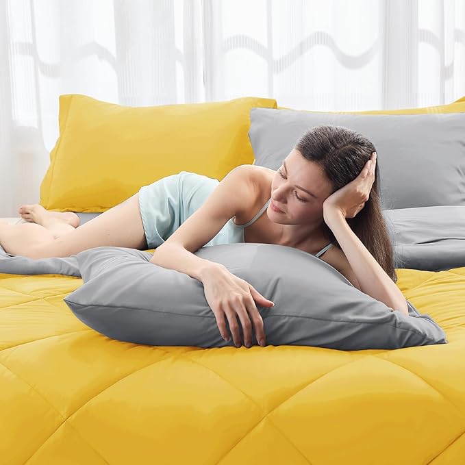 HEVUMYI Full Comforter Set - 7-Piece All Season Bed in a Bag Full, Ultra Soft Bedding Set with Comforter, Flat Sheet, Fitted Sheet, Pillowcases, Pillow Shams, Yellow & Light Grey