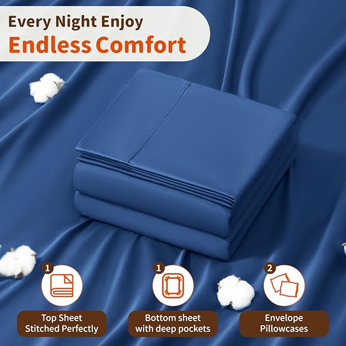 LBRO2M 1000 Thread Count 100% Cotton Sheets Set,King Size Bed Sheet 4 Piece Sets,Long Staple,16 Inches Deep Pocket,All Season,Bedding Super Soft Comforterble Breathable,Sateen (Navy Blue)