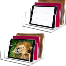Acrylic Desk File Organizer 2 Pack, 4 Section Letter Organizer, Clear Folder Holder, Desktop File Holder for Document, Notebook and Newspaper, Clear Desk Storage Rack for Home and Office Use