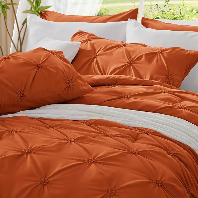 BEDELITE Burnt Orange King Size Comforter Set - 3 Pieces Boho Pintuck Bedding Comforter Sets, Lightweight Soft & Warm King Bedding Set with 2 Pillowcases for All Season