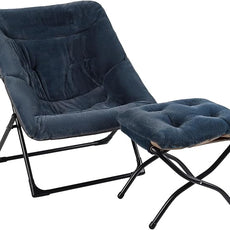 Comfy Saucer Chair for Adults, Soft Faux Fur Bedroom Chair with Ottoman, Accent Dorm Chairs, Living Room Reading Chairs and Footstool, Folding Lounge Seat for Teens, X-Large, Navy Blue