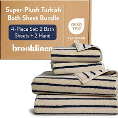 Brooklinen Super-Plush Bath Sheet and Hand Towel Set - 2 Bath Sheets 2 Hand Towels - Cotton, Highly Absorbent (Striped Midnight Navy)