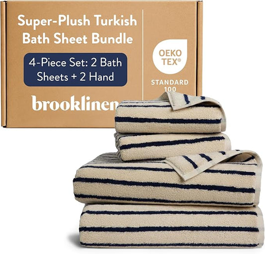 Brooklinen Super-Plush Bath Sheet and Hand Towel Set - 2 Bath Sheets 2 Hand Towels - Cotton, Highly Absorbent (Striped Midnight Navy)