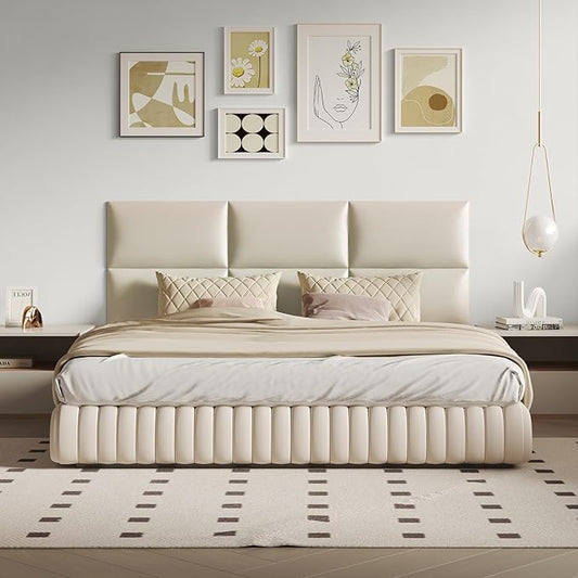 Beige Stick Headboard - 9-Piece Wall-Mounted Bed Backboard for Queen Size Beds, 24 x 12 Inches, Easy-to-Install Decorative Bed Head and Peel and Stick Queen Size Headboard for Bedroom Décor