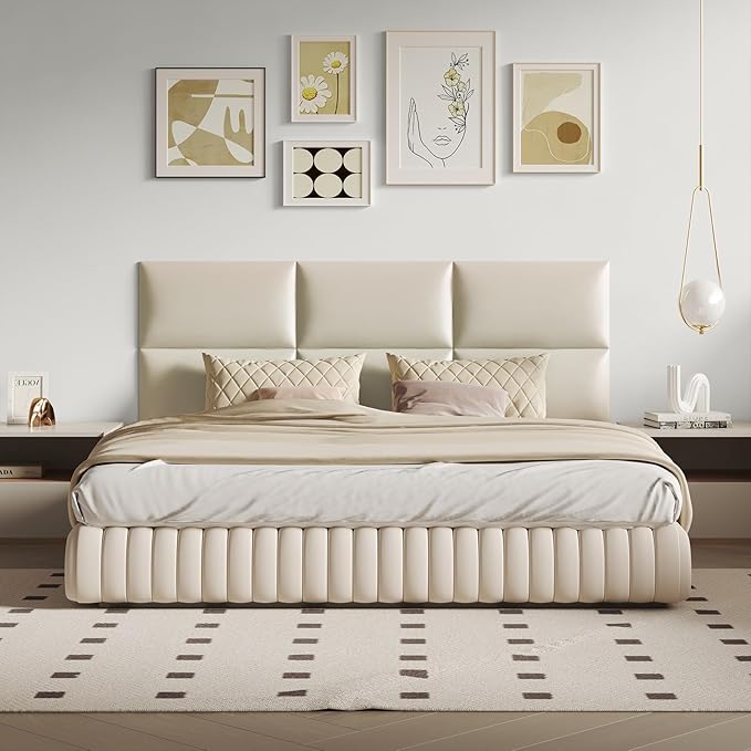 Beige Stick Headboard - 6-Piece Wall-Mounted Bed Backboard for Queen Size Beds, 24 x 12 Inches, Easy-to-Install Decorative Bed Head and Peel and Stick Queen Size Headboard for Bedroom Décor