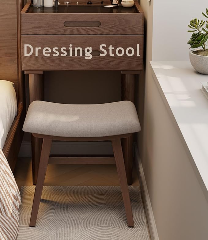 Wooden Vanity Stool, Modern Makeup Dressing Stool solid wood with upholstery saddle seat stool concave ergonomic chair easy to install for bedroom, dining room, home office 16 inch wide brown