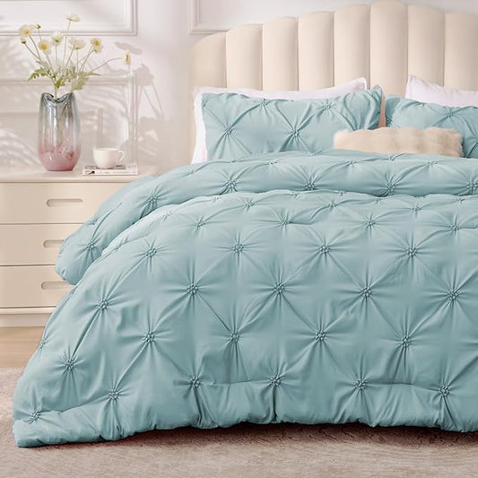 BEDELITE Dusty Blue Queen Comforter Set - 3 Pieces Boho Pintuck Bedding Comforter Sets, Lightweight Soft & Warm Bed Comforter Queen with 2 Pillowcases for All Season