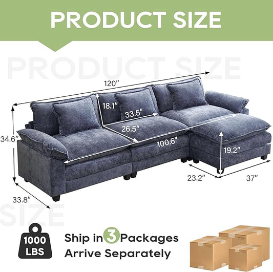 120" Modular Sectional Sofa, Comfy Cloud Couch Sectional Sofa with Ottoman, Chenille Sofa Sleeper Deep Seat Sofa with Throw Pillows for Living Room (Blue, 120"- L Shape)