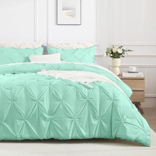 Andency Mint Green Pinch Pleat Comforter Full(79x90Inch), 3 Pieces(1 Down Alternative Comforter and 2 Pillowcases) Mint Green Bed Set Microfiber Pintuck Bedding Set