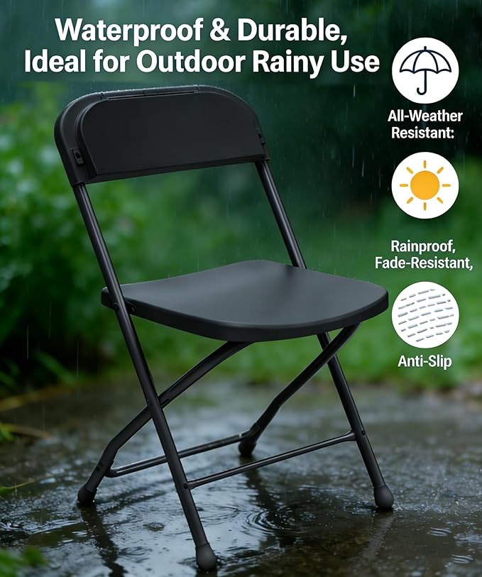 SHGJ&SOFT Set of 4 Folding Chairs, Plastic Seat and Backrest, Black Metal Frame Chair, Suitable for Indoor and Outdoor,Capacity 350 lbs (Black, 4-Pack)
