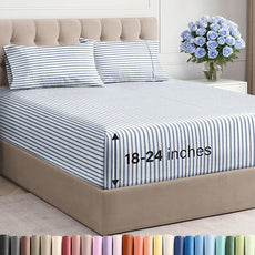 Extra Deep Pocket Full Sheets - 4 Piece Breathable & Cooling Bed Sheets - Hotel Luxury Bed Sheet Set - Soft, Wrinkle Free & Comfy - Easily Fits Extra Deep Mattresses - Deep Pocket Blue Striped Sheets